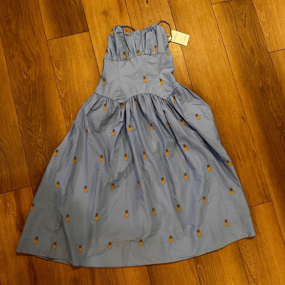 Free Assembly Pineapple Embroidered Drop Waist Midi Dress Blue Small NWT